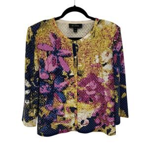 St. John Pink Yellow Metallic Floral Print Wool Blend Cardigan Sweater Medium
